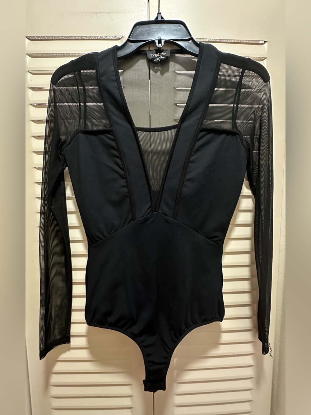 bebe Black Sheer Mesh Long-Sleeve Plunge Bodysuit